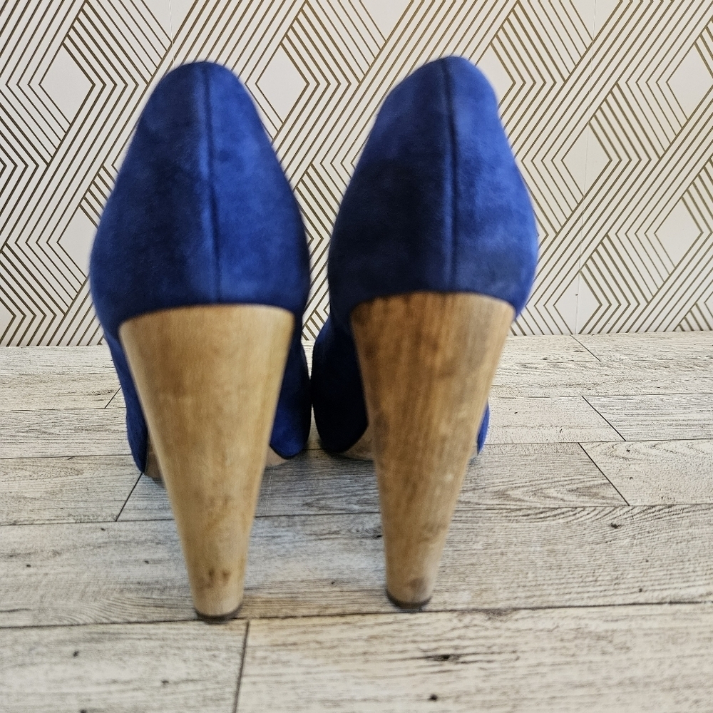 LOEFFLER RANDALL Suede High Wooden Heels Blue Size 6.5B - Picture 5 of 9